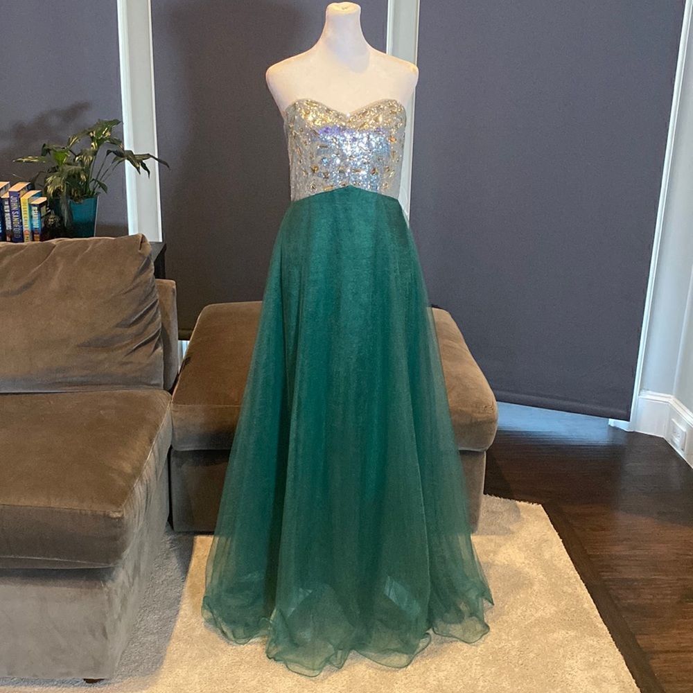 Women’s Green & Silver Full Length Prom Party Dress CorsetBack Size L NWT